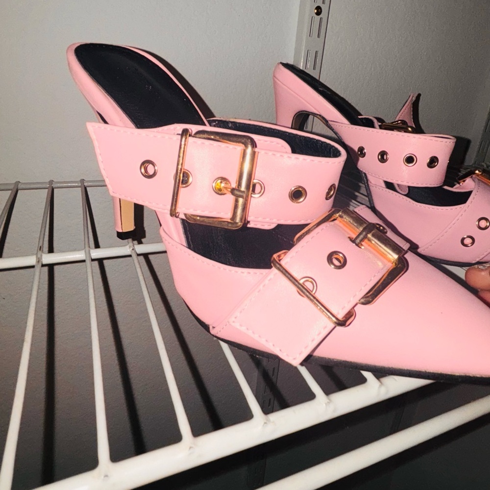 Pink High Heel Mules with Gold Buckles - Picture 2 of 6